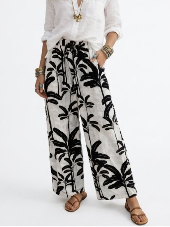 Tahari Pants - Tahari White Linen Wide Leg Black Tropical Leaf Print Pants XL Elastic Pull On